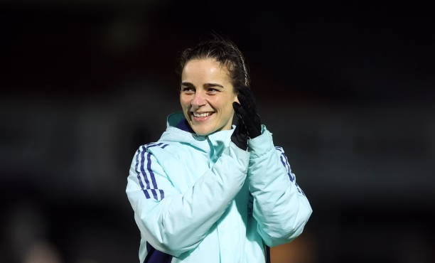 Renee Slegers reacts to Arsenal’s 3-2 win over Bayern Munich.